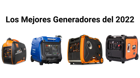 Los Mejores Generadores del 2022, mostrando WEN 2250W anaranjada, Westinghouse iGen4500 azul, WEN 3800W anaranjada y Genmax 5500W inverter anaranjada.