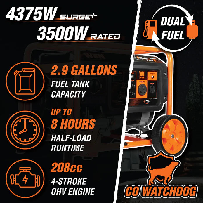 Generador 4300 Watts duel fuel con ruedas y mangos.