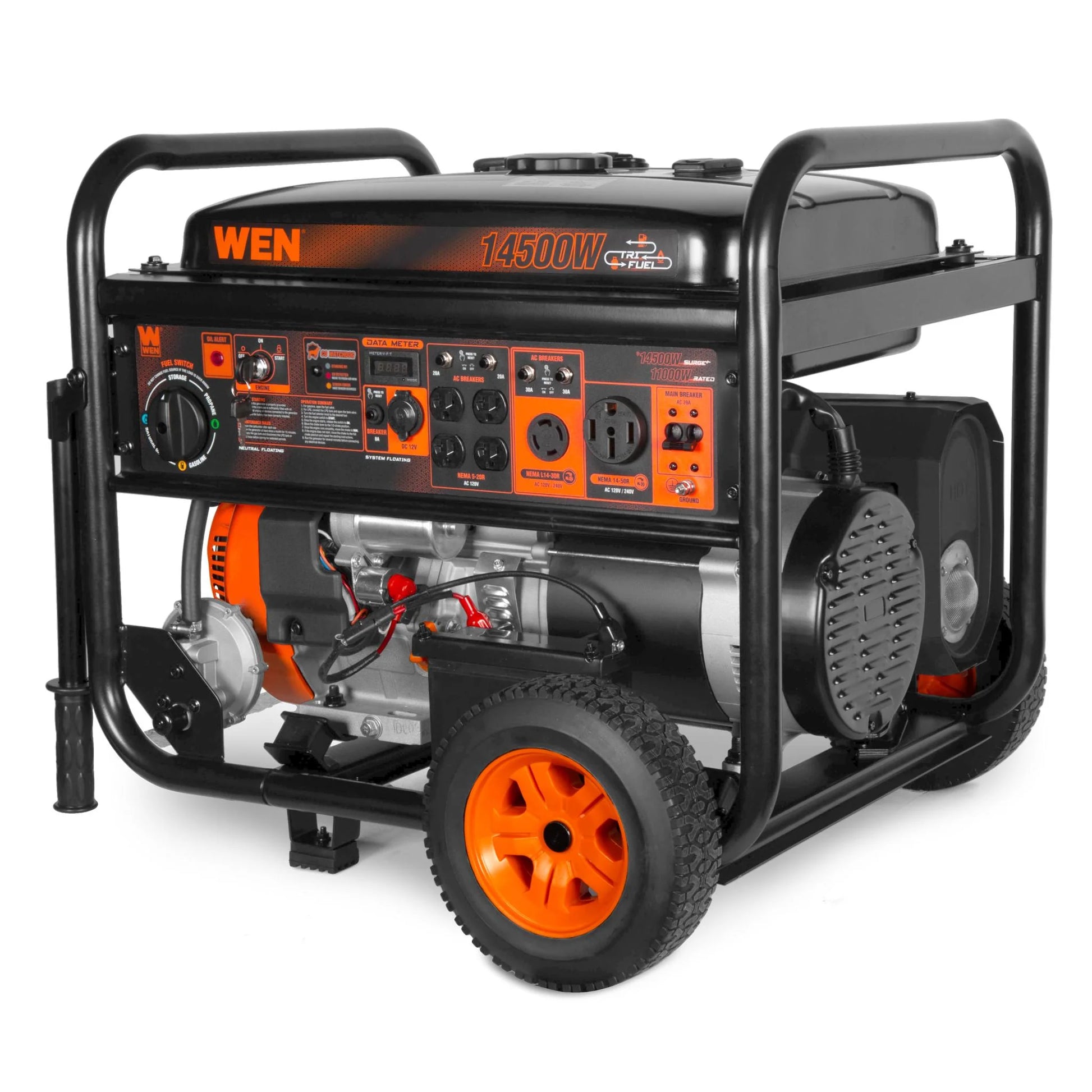 Generador WEN 14500 Watts con ruedas y mango. 7 salidas, switch encendedor. Tri Fuel.