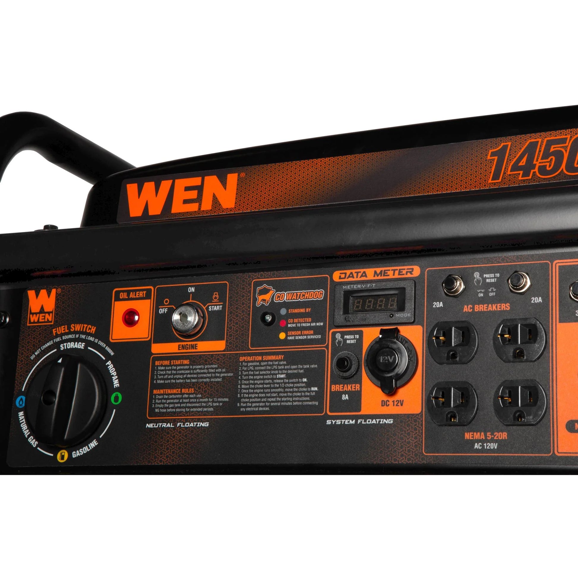 Generador WEN 14500 Watts con ruedas y mango. 7 salidas, switch encendedor. Tri Fuel.