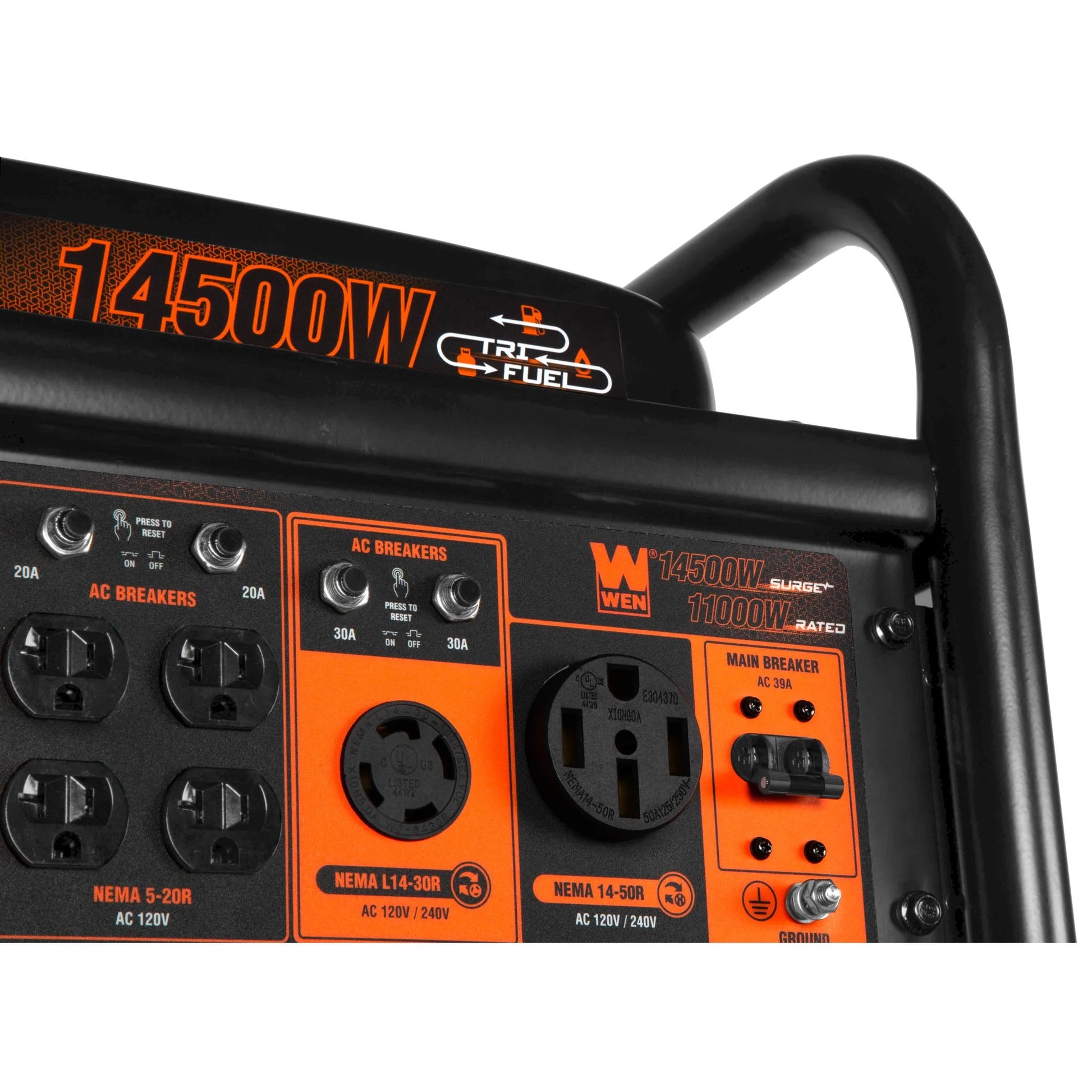 Generador WEN 14500 Watts con ruedas y mango. 7 salidas, switch encendedor. Tri Fuel.