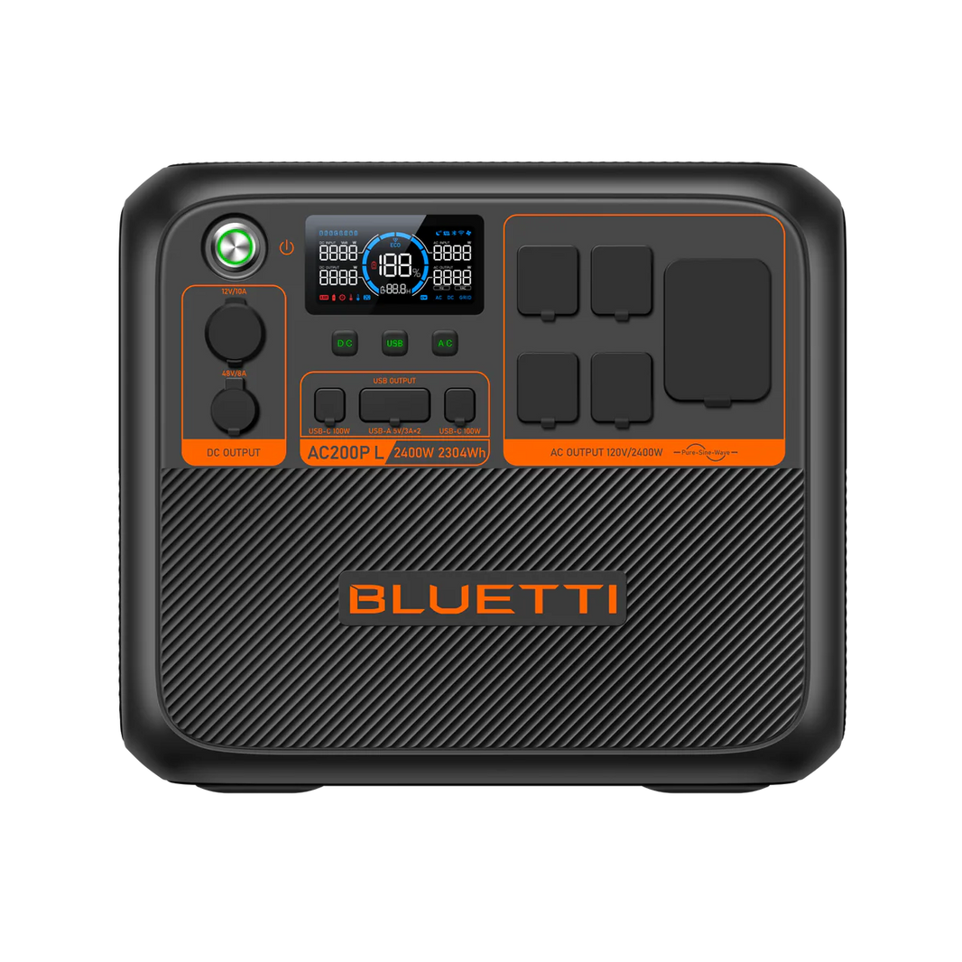 Bateria solar con nombre bluetti, modelo ac200P L 2400w 2304wh, con salida ac 120/240 volteos, sallida DC y USB.