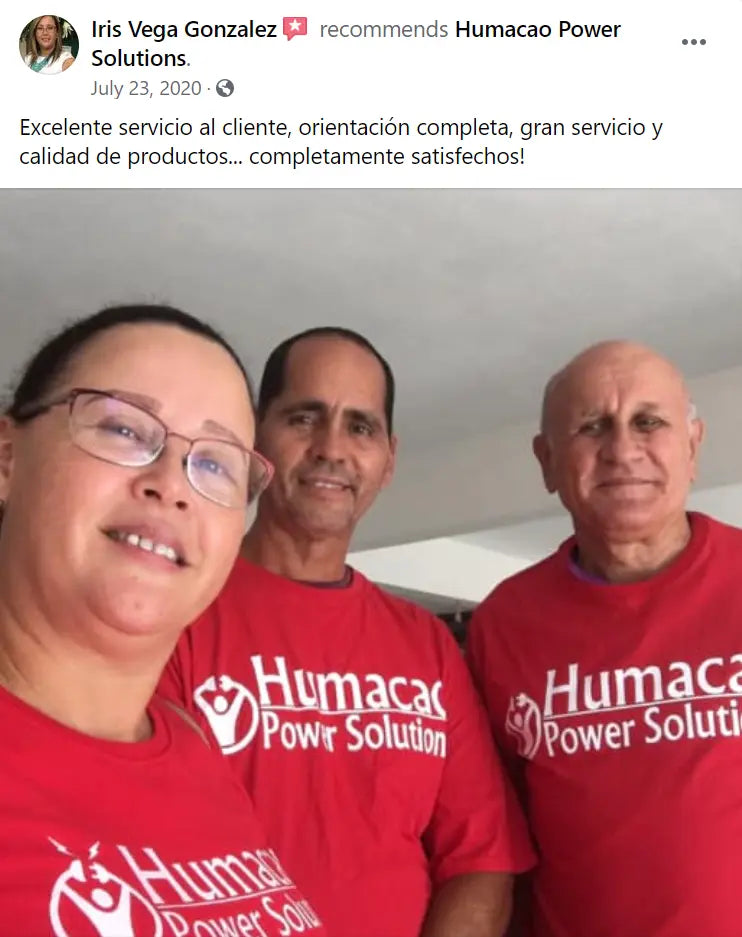 Customers wearing Humacao Power Solutions shirts after making a purchase. Review indicates excellent customer service, full orientation, great service and product quality. Overall very satisfied customers