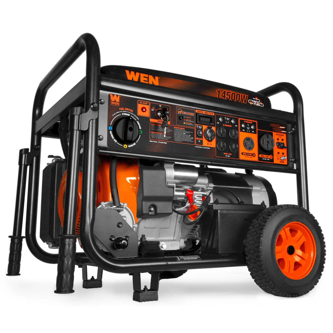 Generador WEN 14500 Watts con ruedas y mango. 7 salidas, switch encendedor. Tri Fuel.