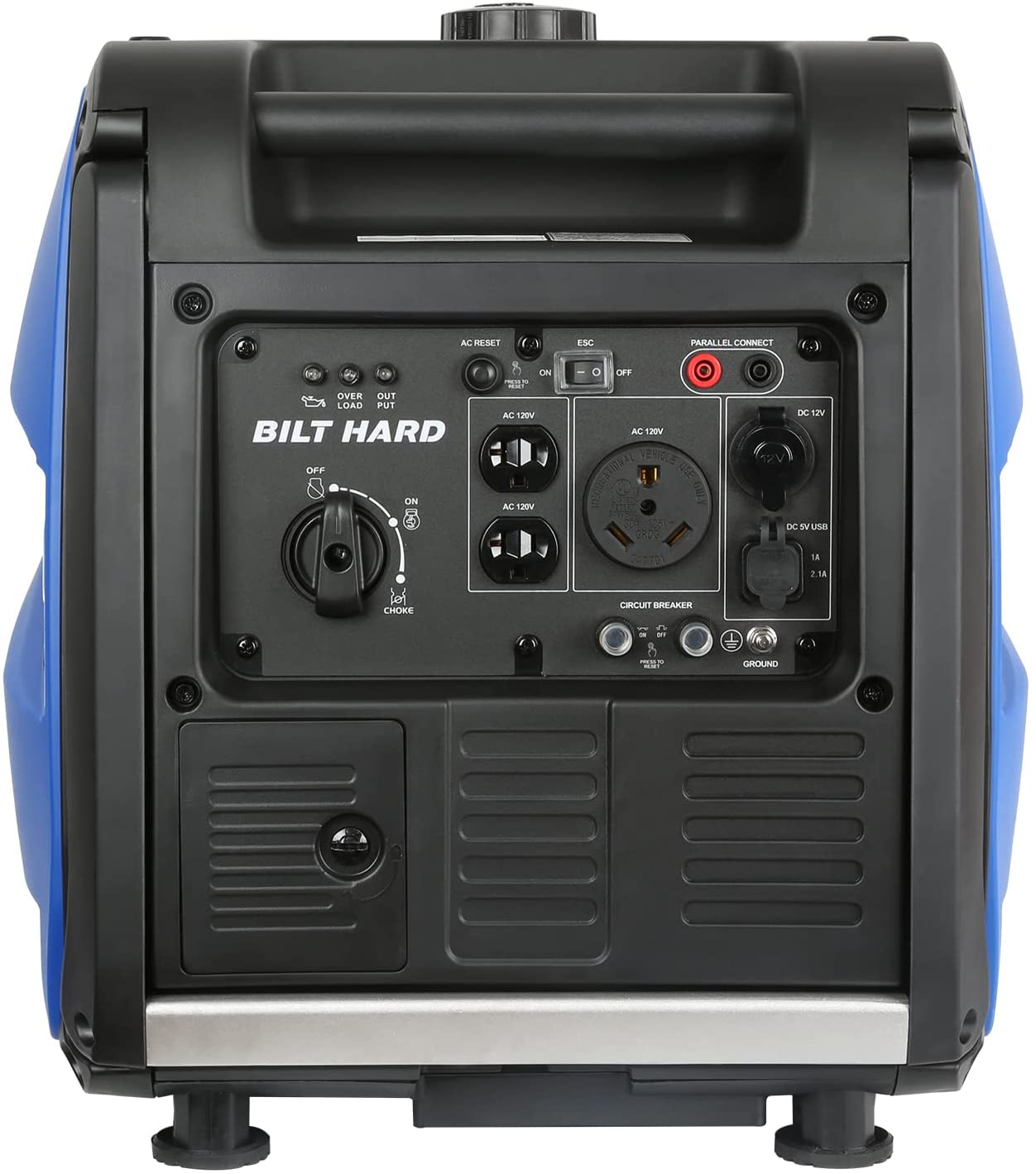 Panel de la BILT HARD Generador Inverter 4500W starting con 2 receptaculos AC 120V, un receptaculo de RV AC 120V, un receptaculo DC 12V y un USB de 5V.
