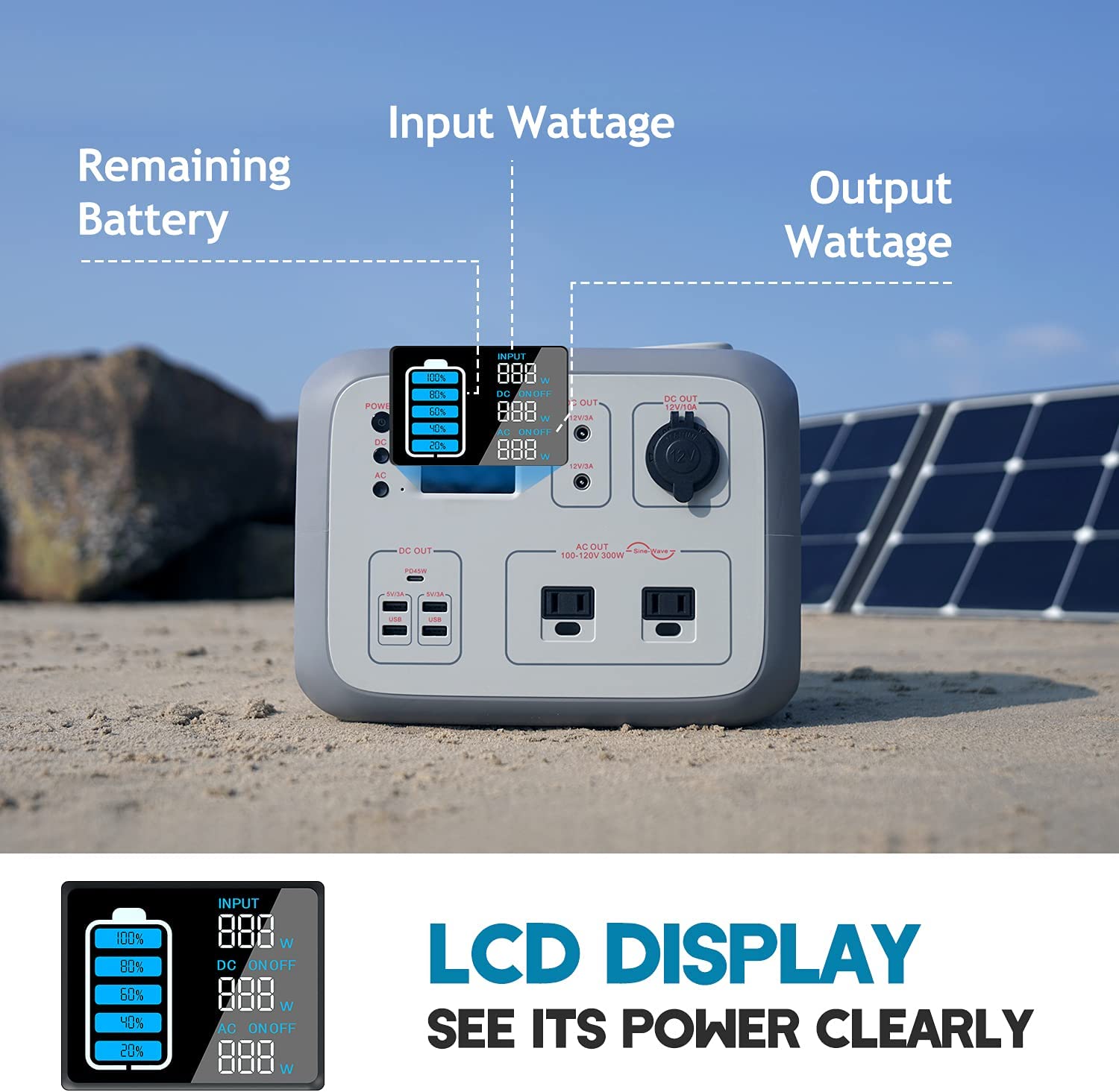La pantalla de la Bluetti AC50S muestra la capacidad de la bateria solar y monitorea los vatios que entran y salen.