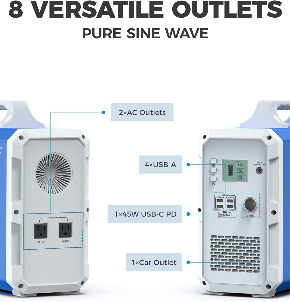 La planta electrica solar Bluetti EB240 2400Wh tiene 8 receptaculos versatiles pura onda pure sine wave.