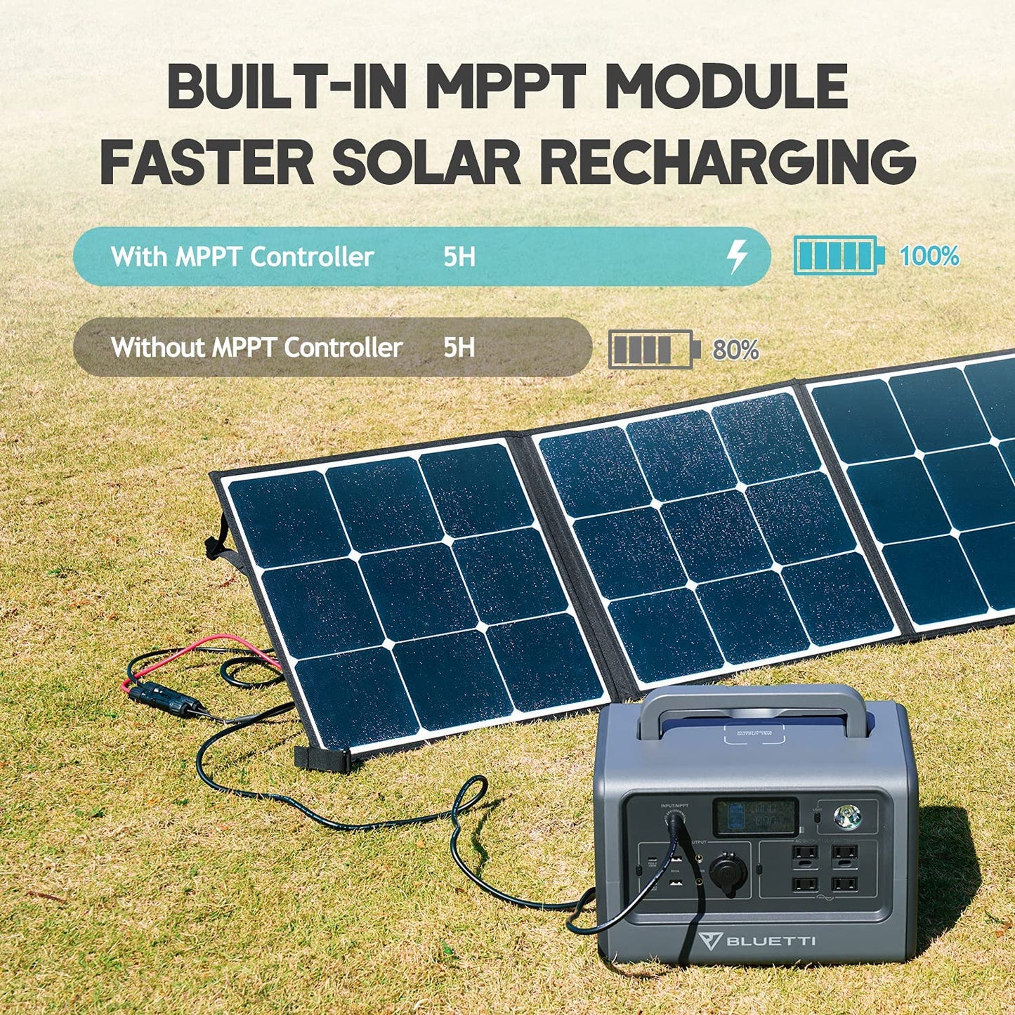 Generador Solar Bluetti cargando con un panel solar con su modulo de MPPT.