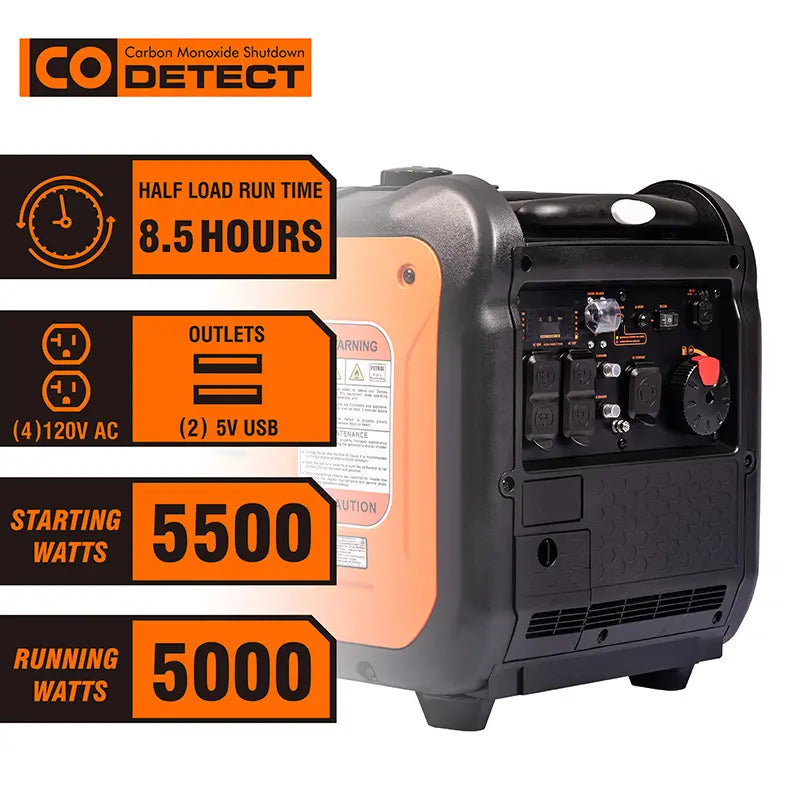 Detector de monoxido de carbono, rindo 8.5 horas a media carga, 2 receptaculos y 2 USB 5V con 5500 watts de arranque y corre en 5000 watts.
