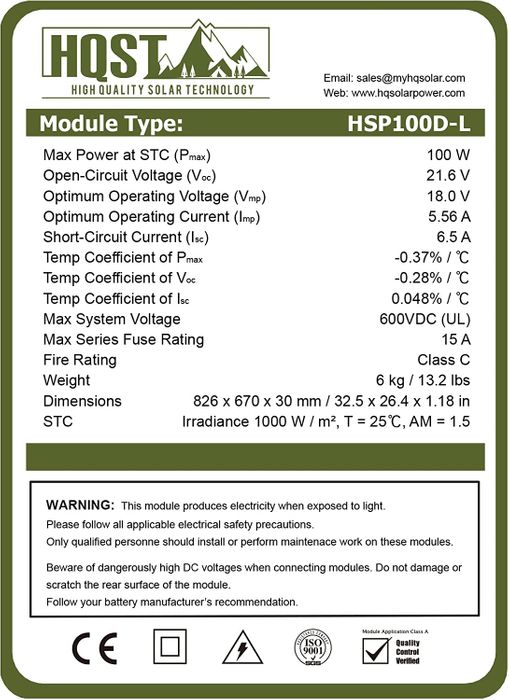 Tipo de module HSP100D-L de 100W a 21.6V circuito abierto y 18V de voltage operador.