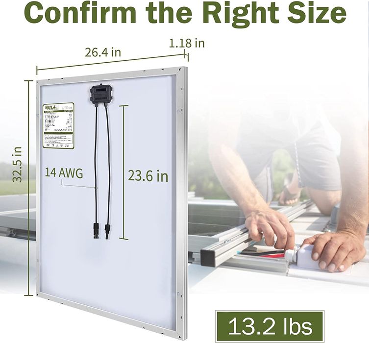 Mide 32.5 x 26.4 x 1.18 pulgadas y pesa 13.2 libras. El cable de conexion es de 14 AWG.