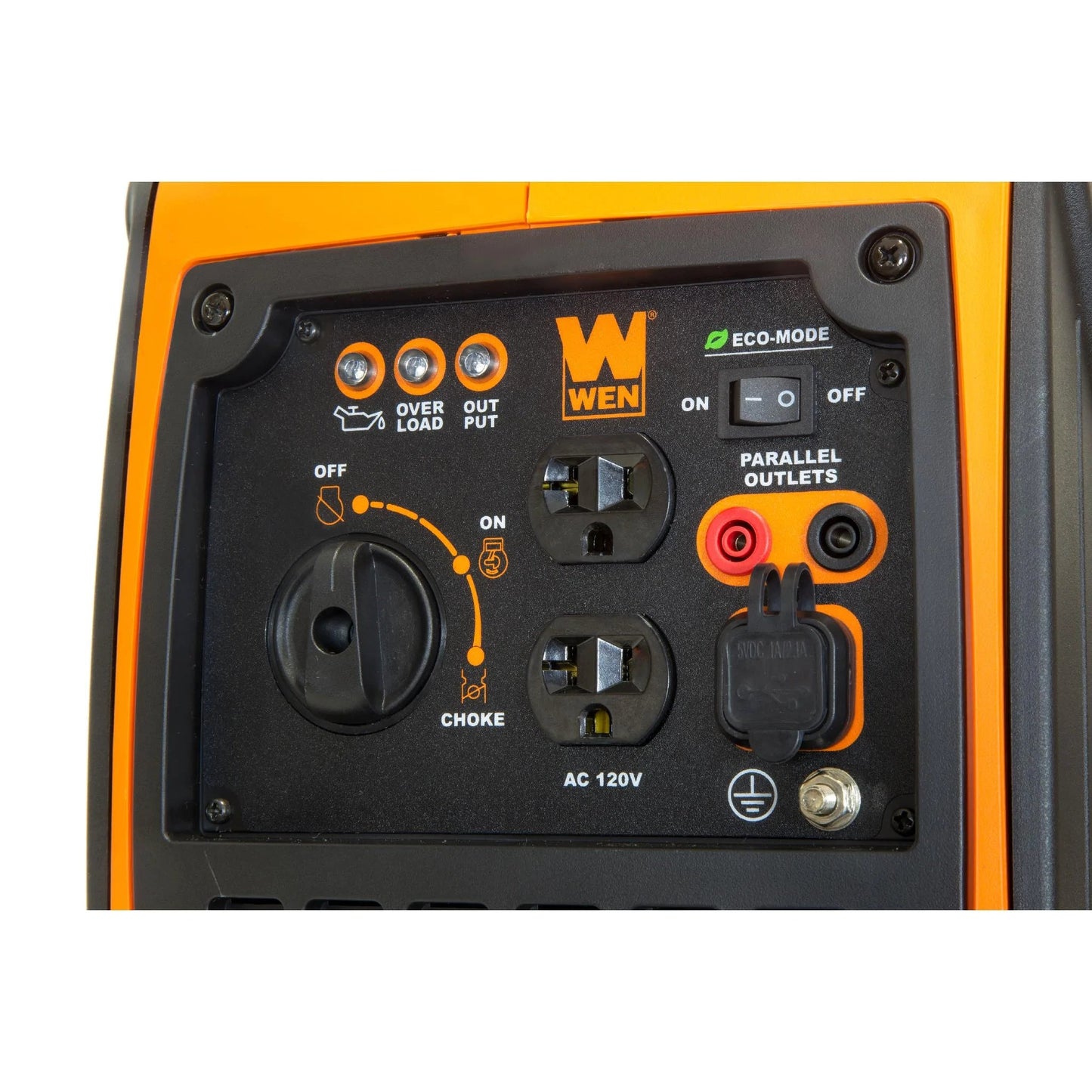 Control panel del genearador WEN 1250W inverter con 2 receptaculos AC 120V y dos USB 5v.