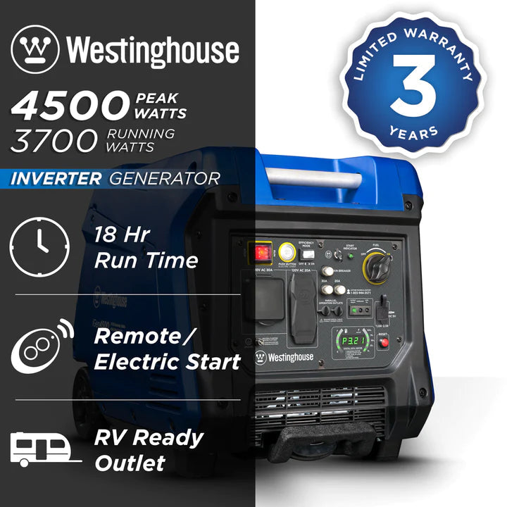 Westinghouse iGen4500 produce 4500 peak watts y 3700 running watts, corre 18 horas, prende remotamente, y esta listo para RV.